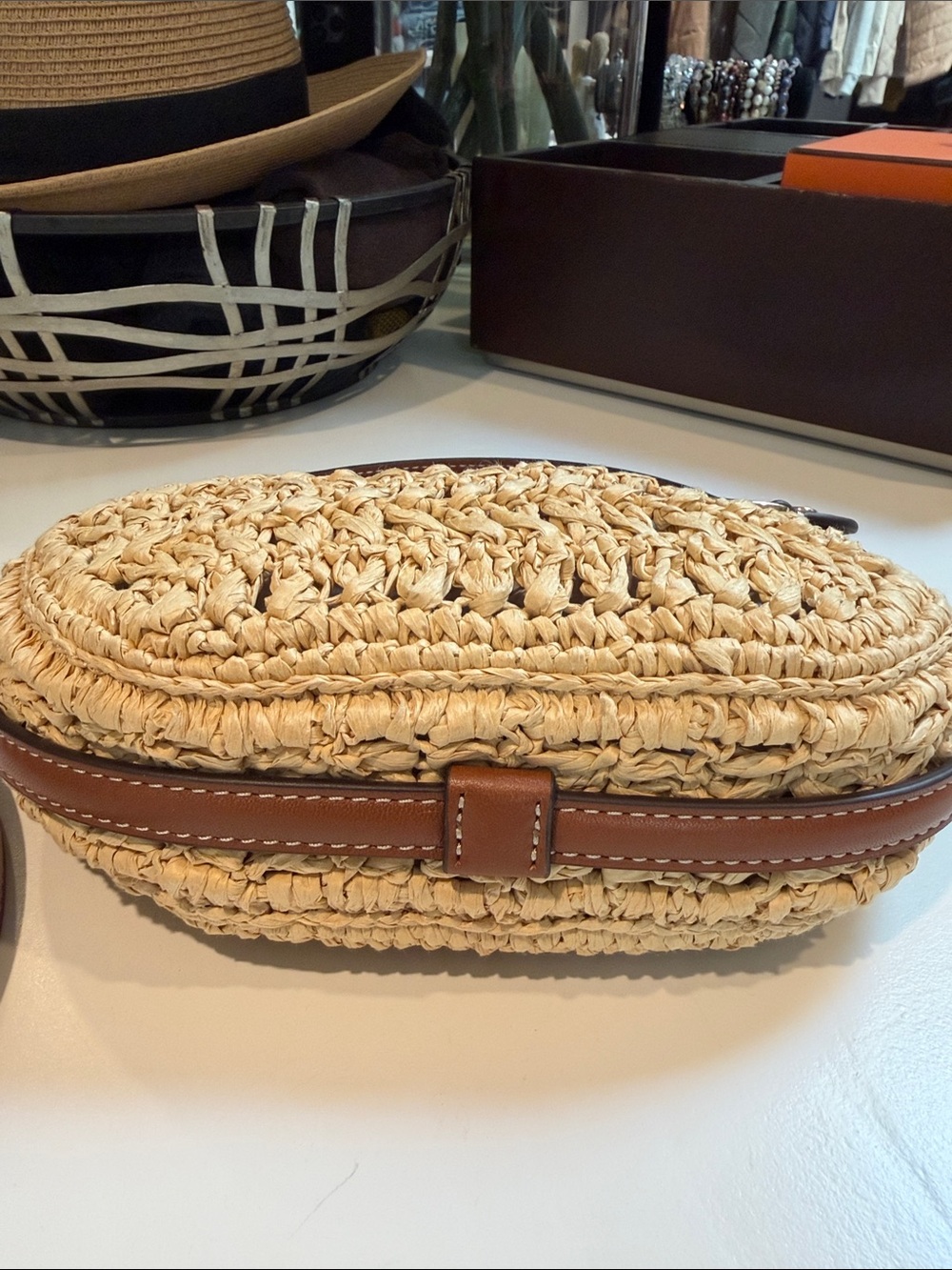 Lauren Ralph Lauren mini woven Straw Bag with Brown Leather Trim - Picture 6 of 10
